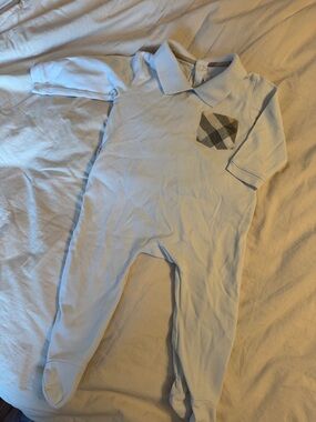 Burberry Light Blue Infant Footie with Plaid Pocket